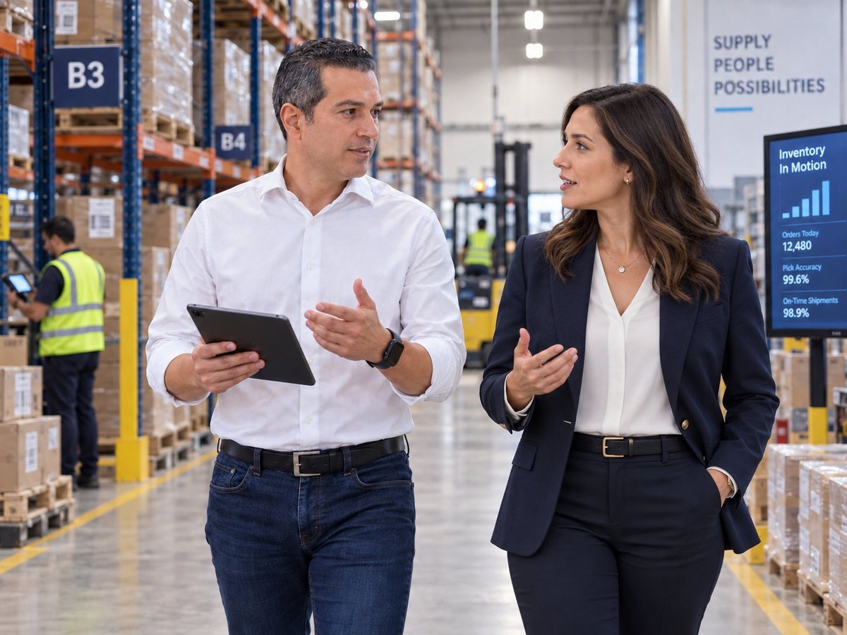 Carlos Segovia recorriendo la operación de una empresa con una empresaria para revisar números en contexto